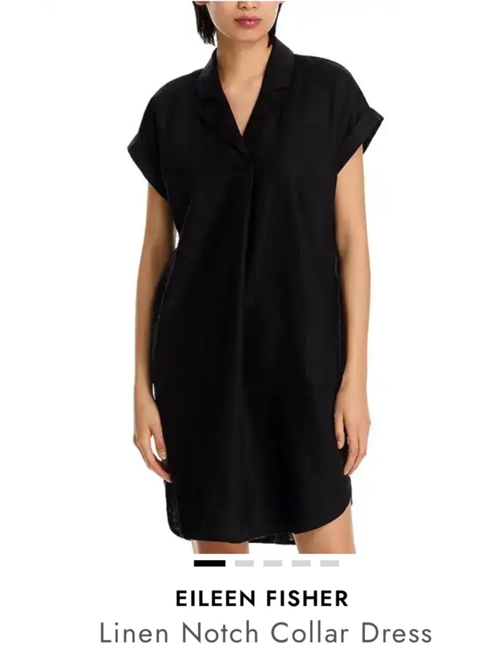 EILEEN FISHER Black Organic Linen Notch-Collar Shift Dress . Knee length. Small